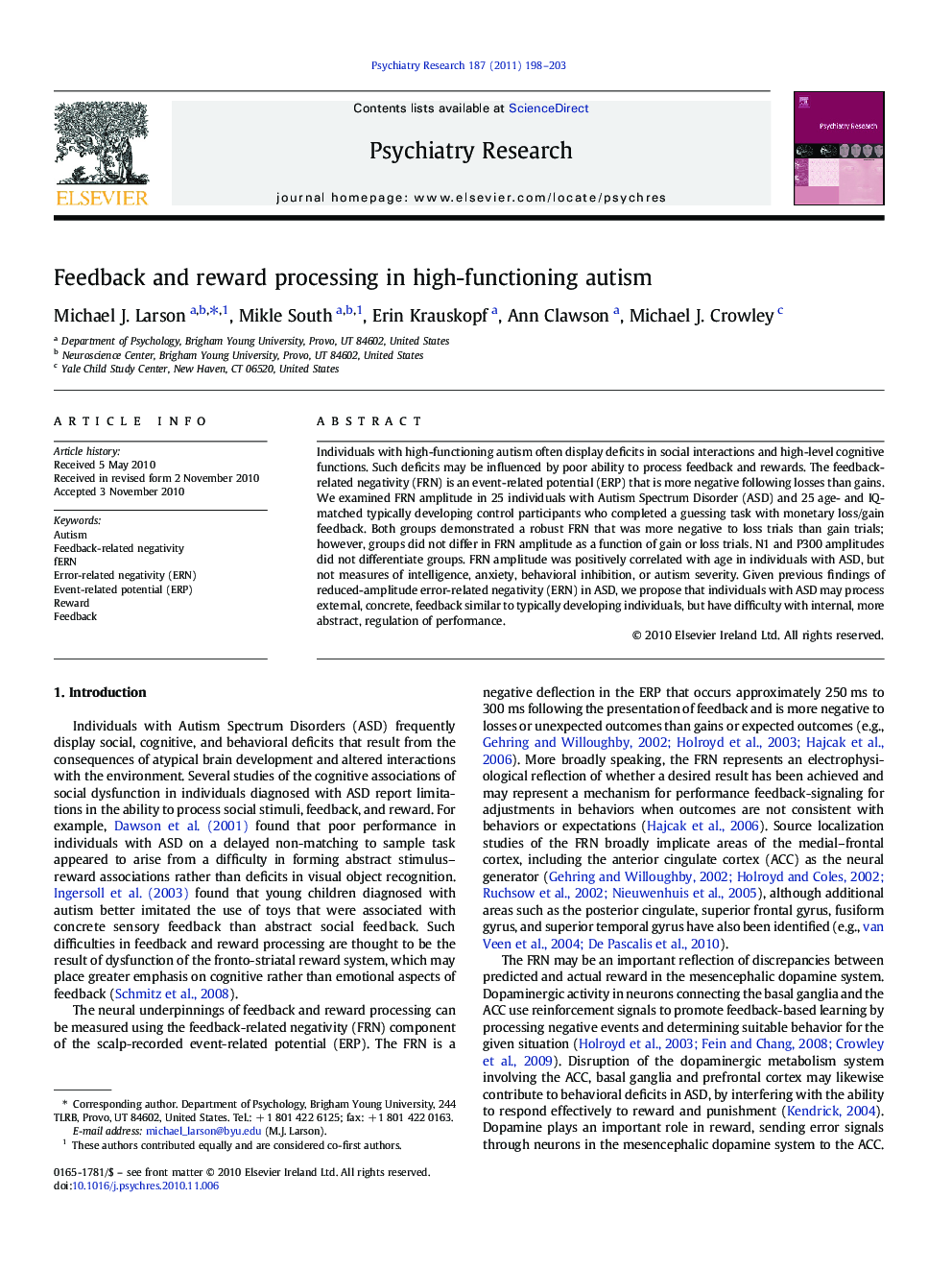 Feedback and reward processing in high-functioning autism