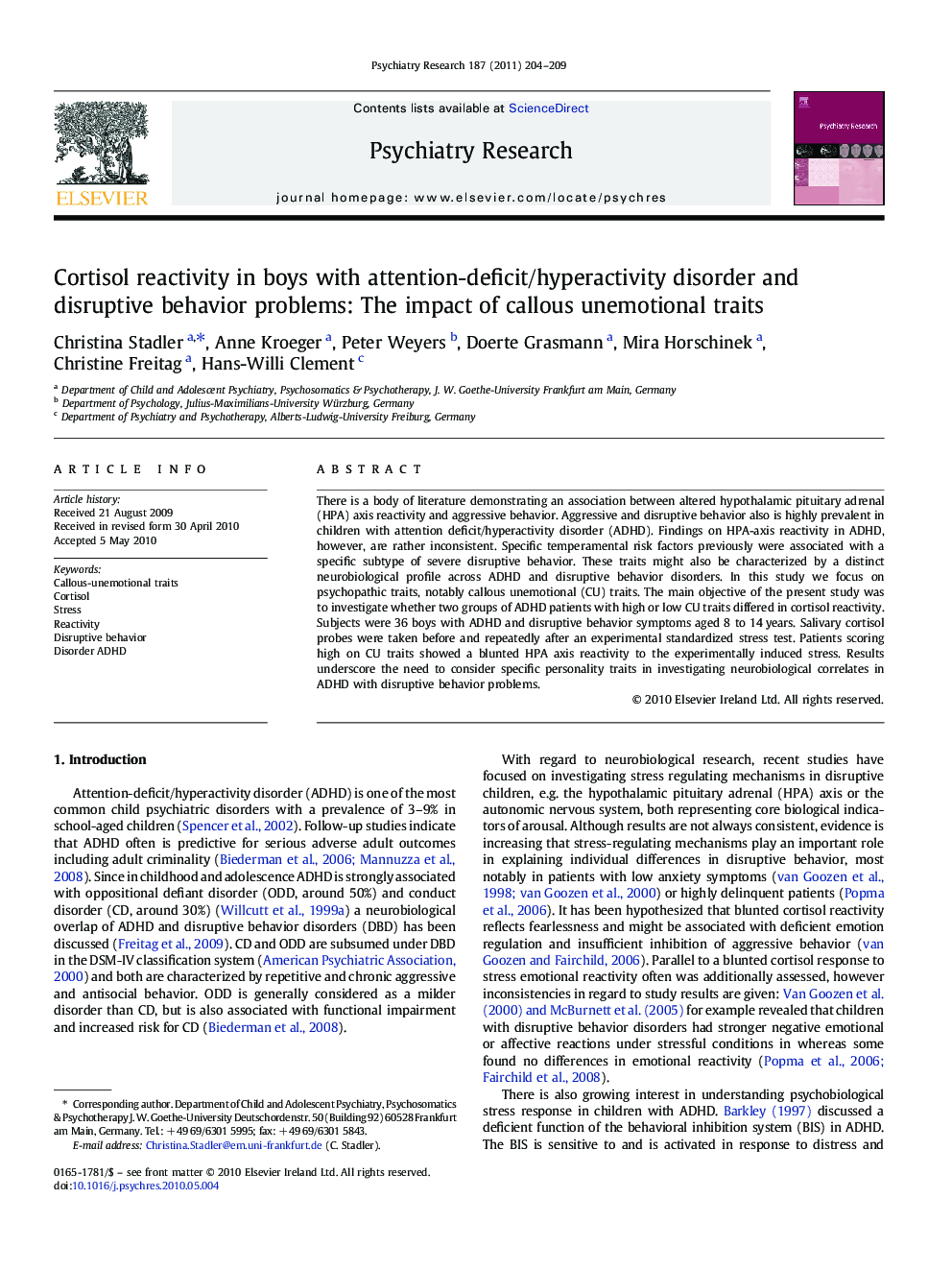 Cortisol reactivity in boys with attention-deficit/hyperactivity disorder and disruptive behavior problems: The impact of callous unemotional traits