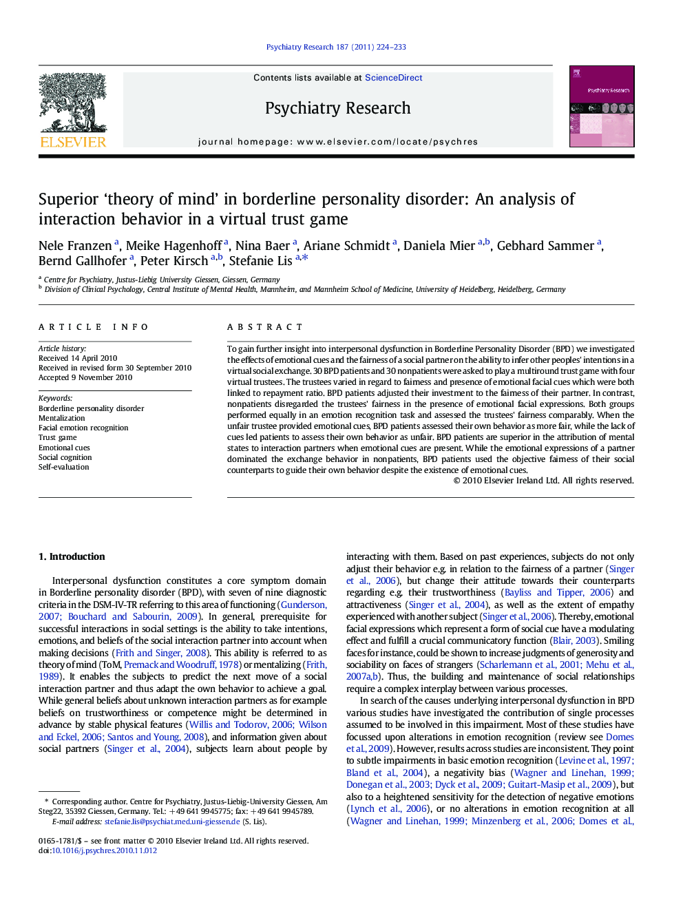 Superior 'theory of mind' in borderline personality disorder: An analysis of interaction behavior in a virtual trust game