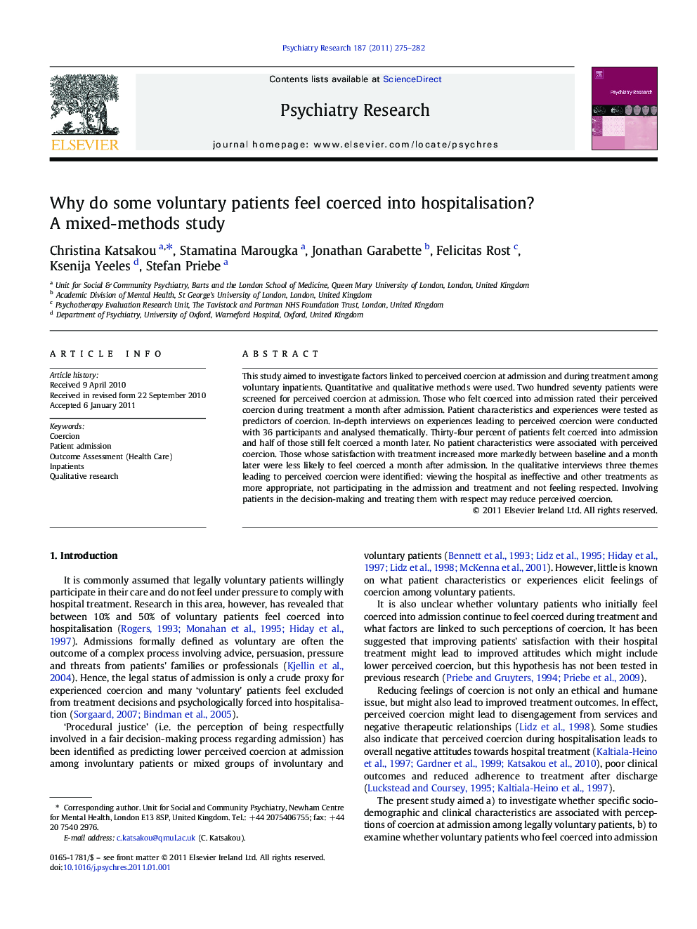 Why do some voluntary patients feel coerced into hospitalisation? A mixed-methods study