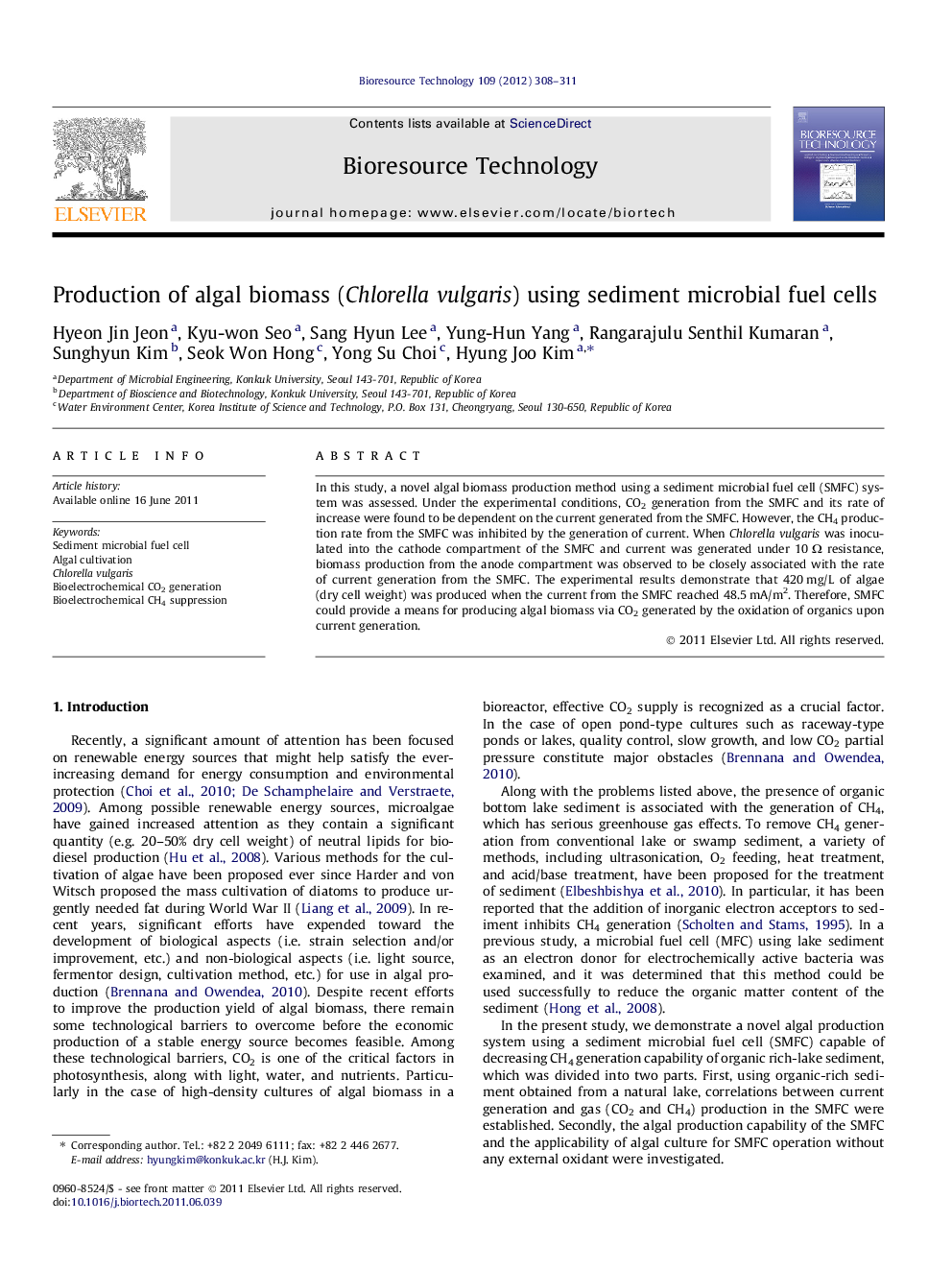 Production of algal biomass (Chlorella vulgaris) using sediment microbial fuel cells