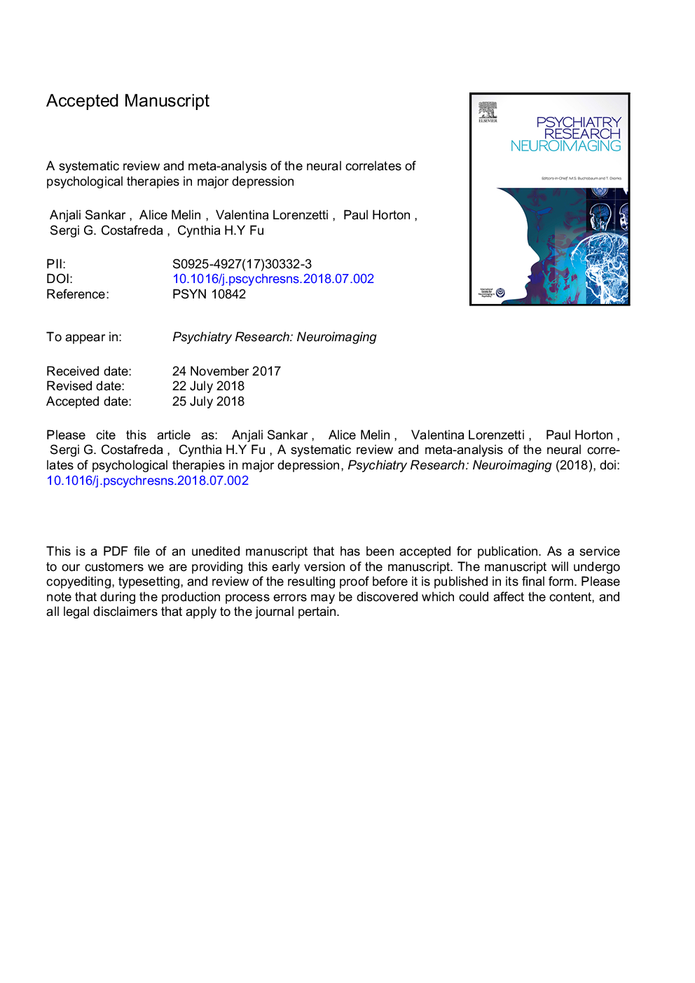 A systematic review and meta-analysis of the neural correlates of psychological therapies in major depression