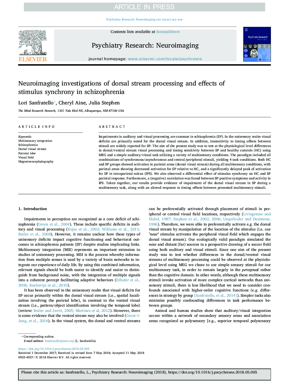 Neuroimaging investigations of dorsal stream processing and effects of stimulus synchrony in schizophrenia