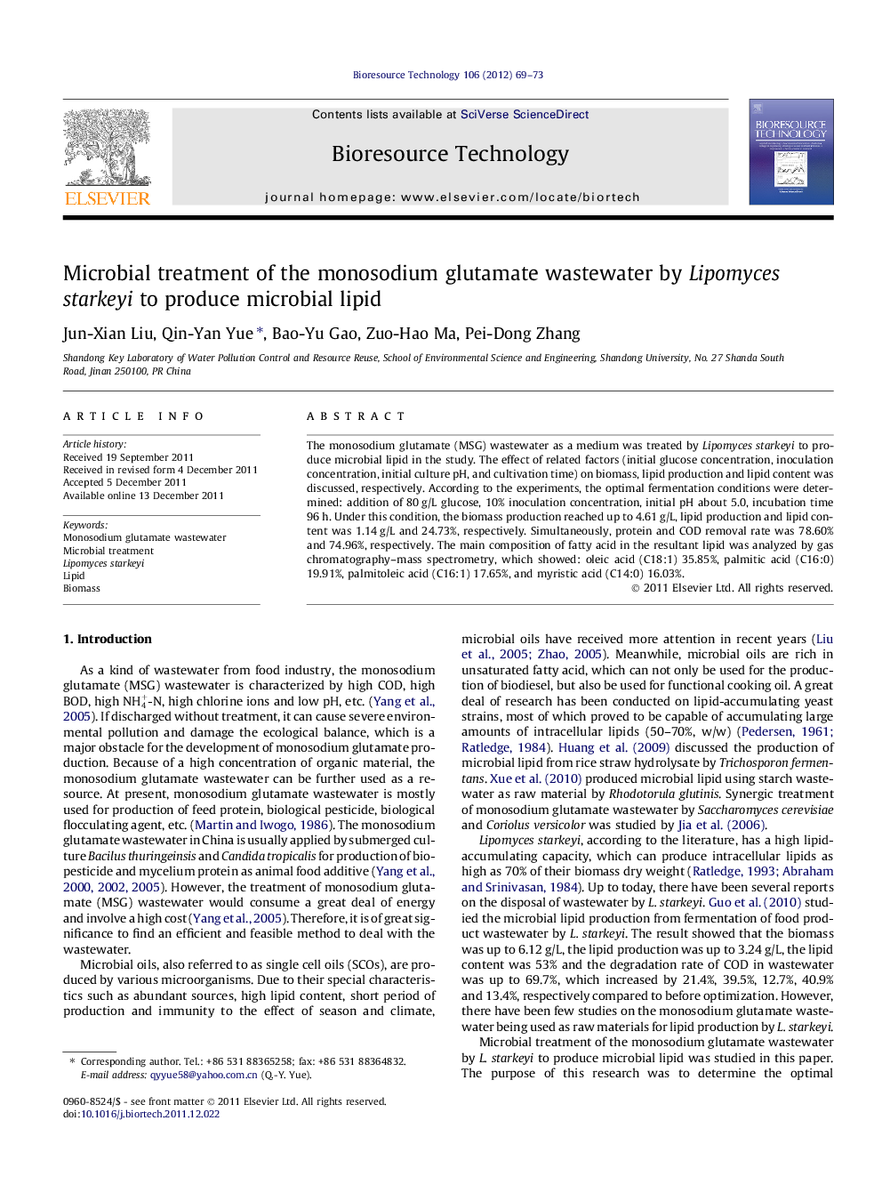 Microbial treatment of the monosodium glutamate wastewater by Lipomyces starkeyi to produce microbial lipid