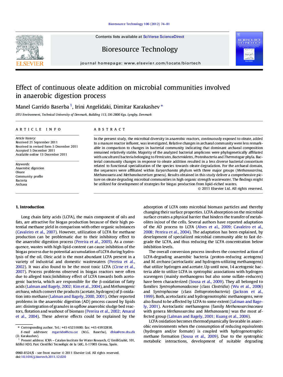 Effect of continuous oleate addition on microbial communities involved in anaerobic digestion process