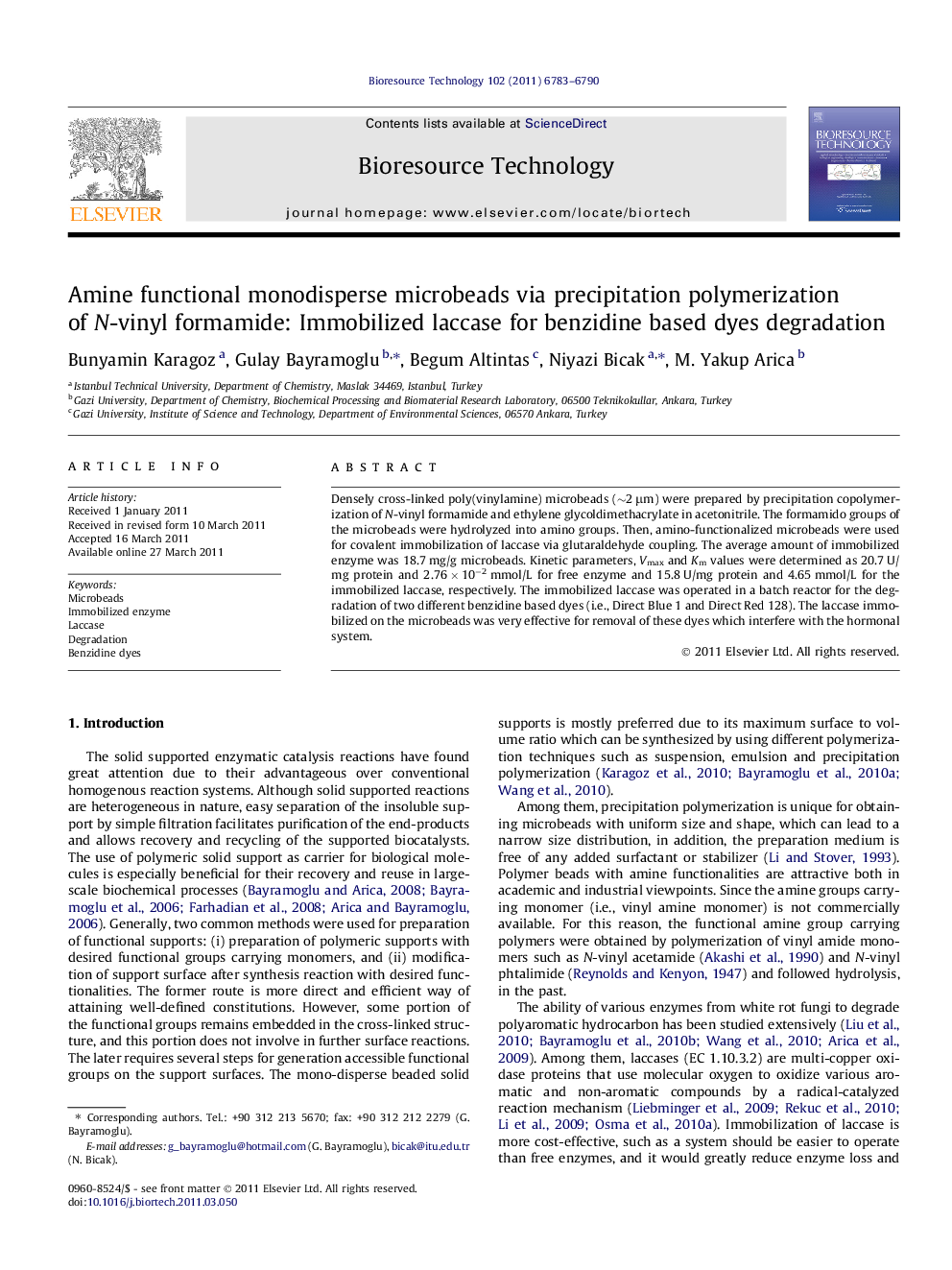 Amine functional monodisperse microbeads via precipitation polymerization of N-vinyl formamide: Immobilized laccase for benzidine based dyes degradation