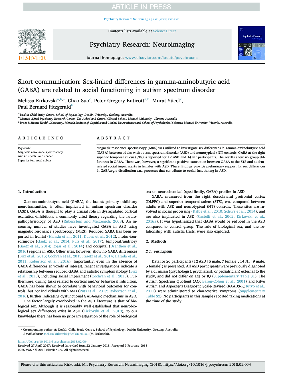 Short communication: Sex-linked differences in gamma-aminobutyric acid (GABA) are related to social functioning in autism spectrum disorder