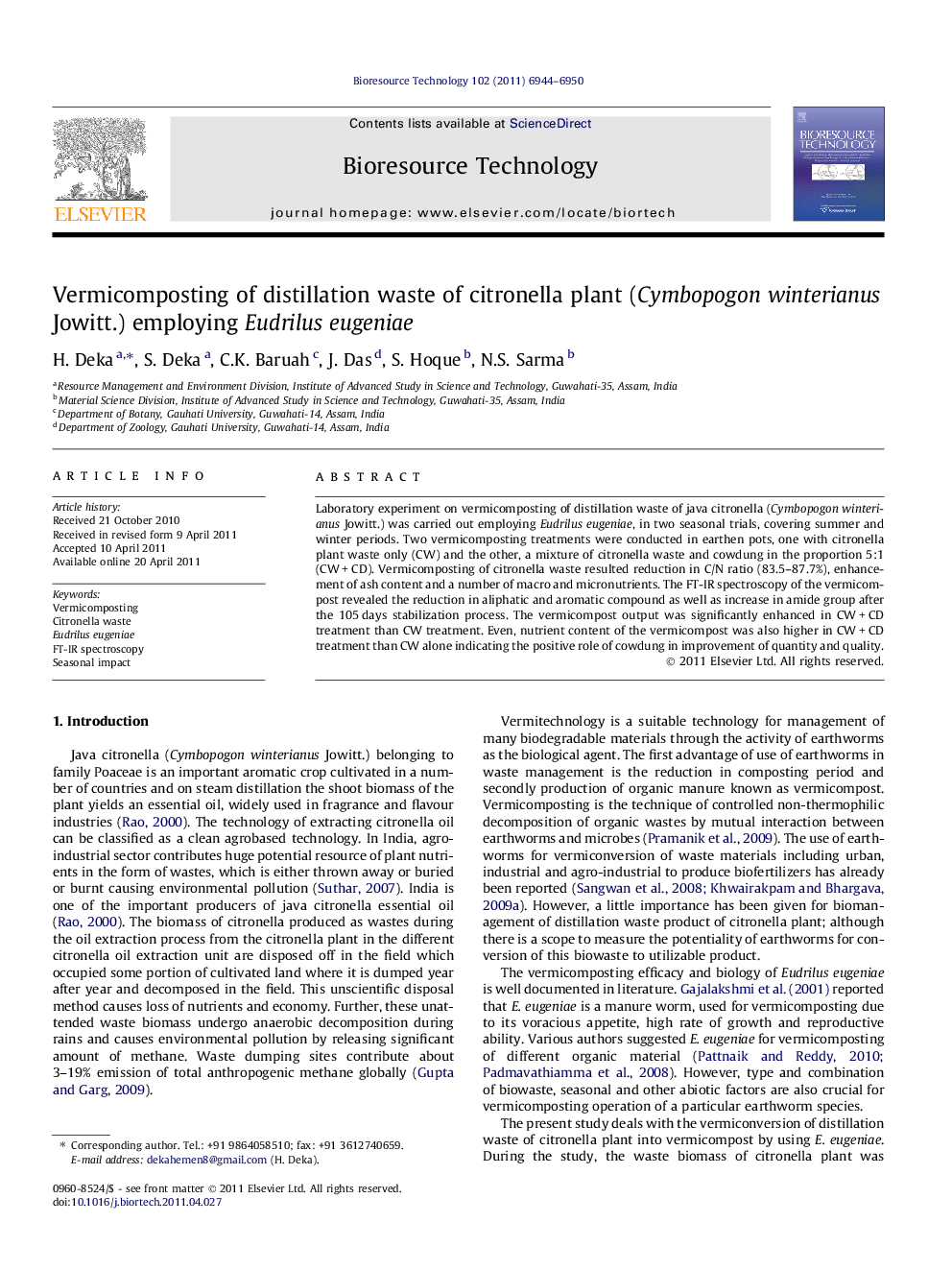 Vermicomposting of distillation waste of citronella plant (Cymbopogon winterianus Jowitt.) employing Eudrilus eugeniae