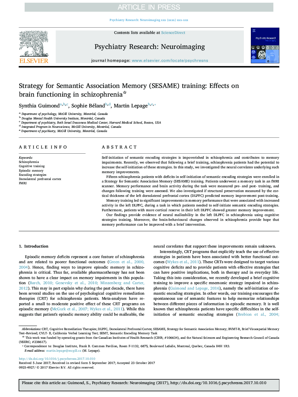 Strategy for Semantic Association Memory (SESAME) training: Effects on brain functioning in schizophrenia