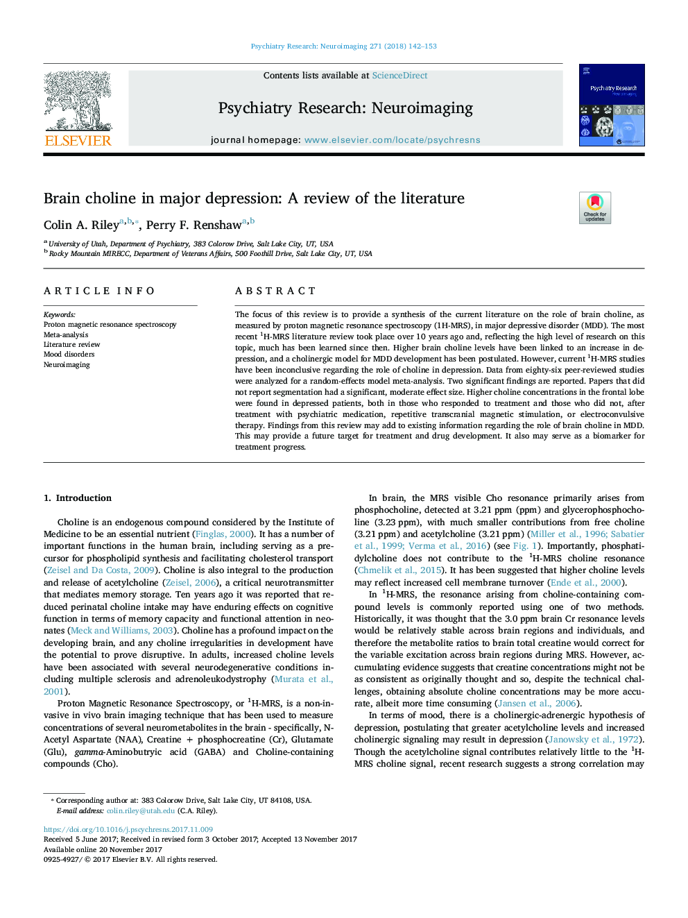 Brain choline in major depression: A review of the literature