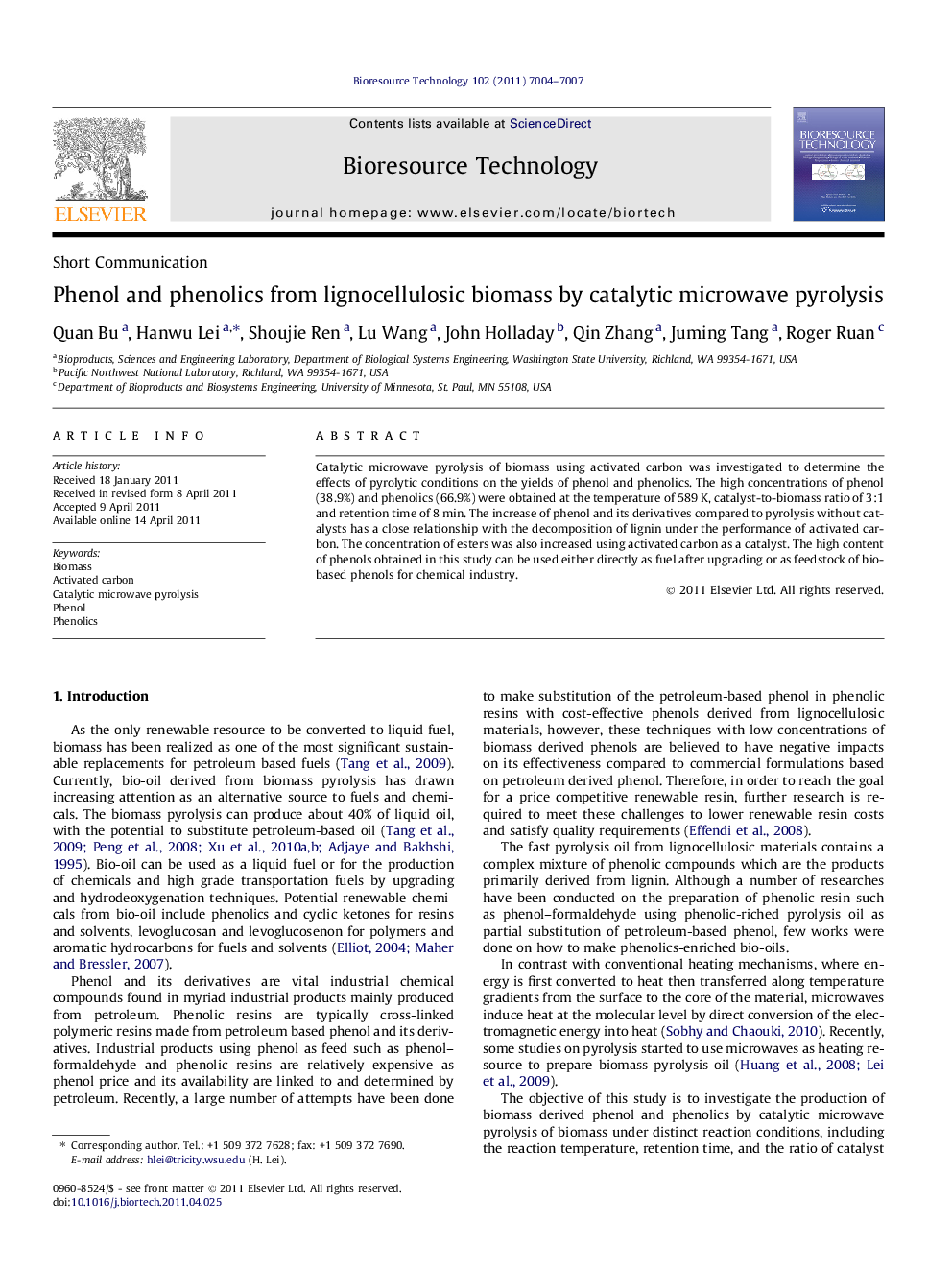 Phenol and phenolics from lignocellulosic biomass by catalytic microwave pyrolysis