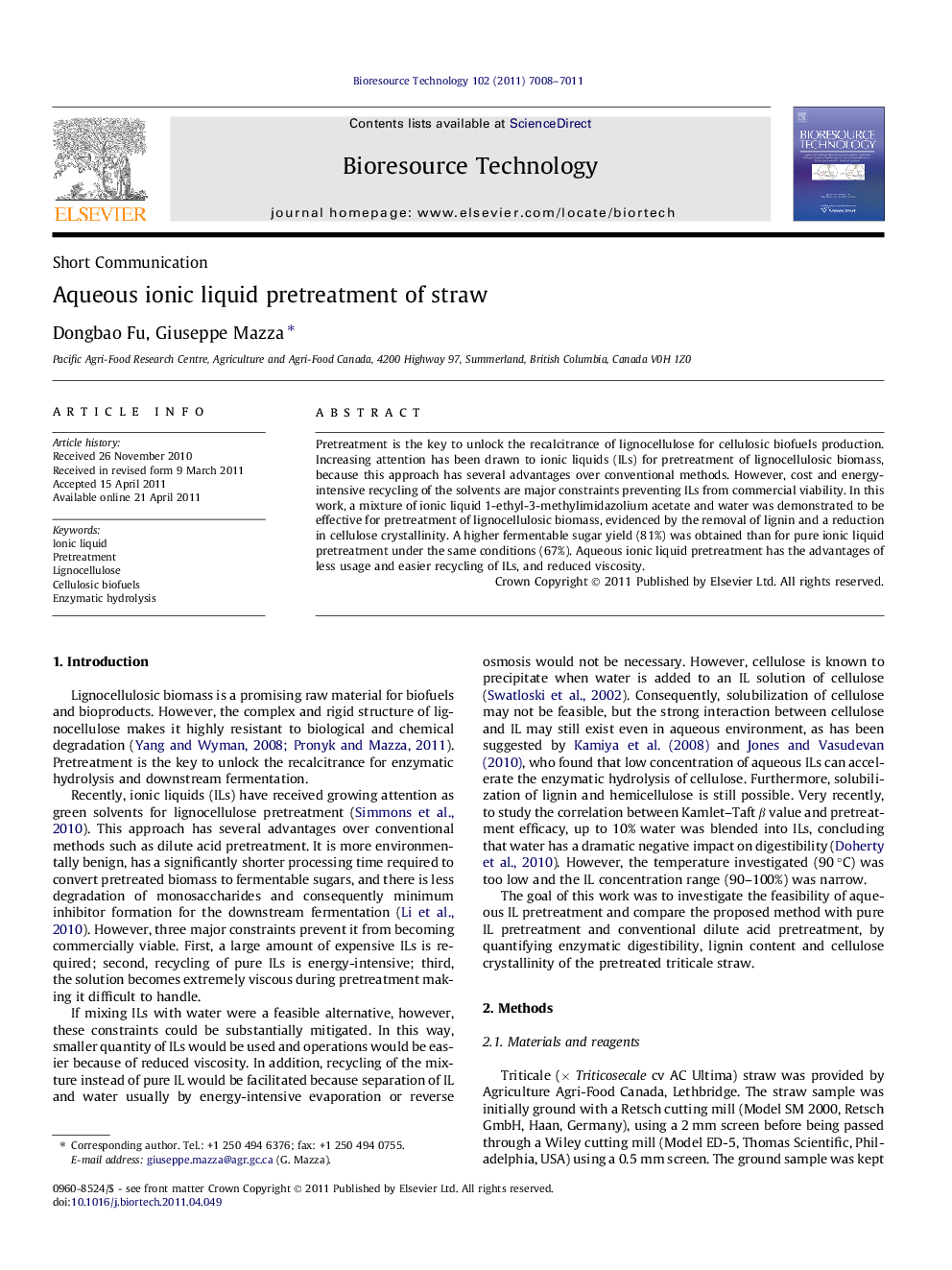 Aqueous ionic liquid pretreatment of straw