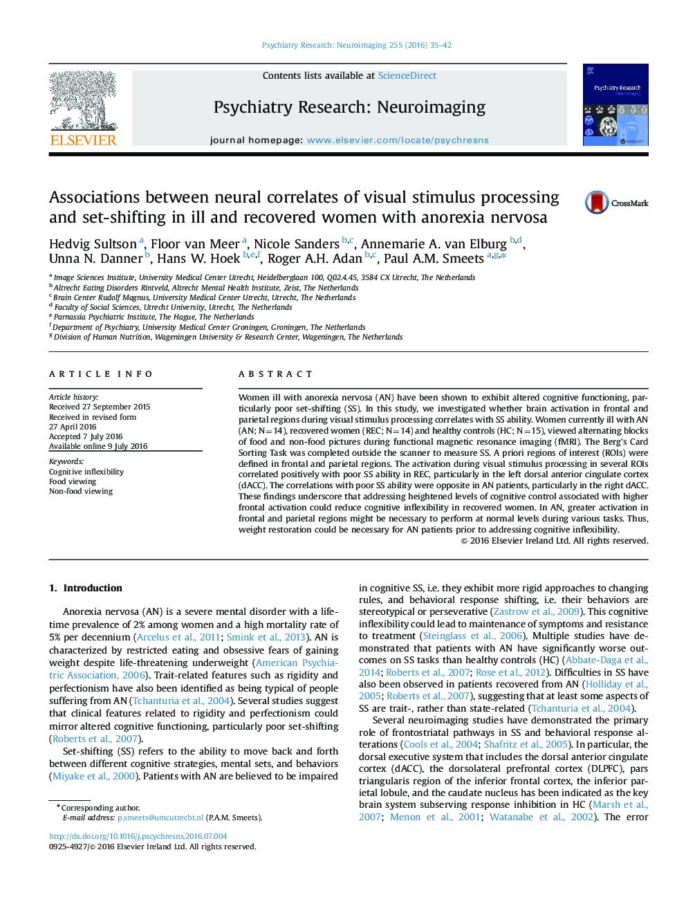 Associations between neural correlates of visual stimulus processing and set-shifting in ill and recovered women with anorexia nervosa