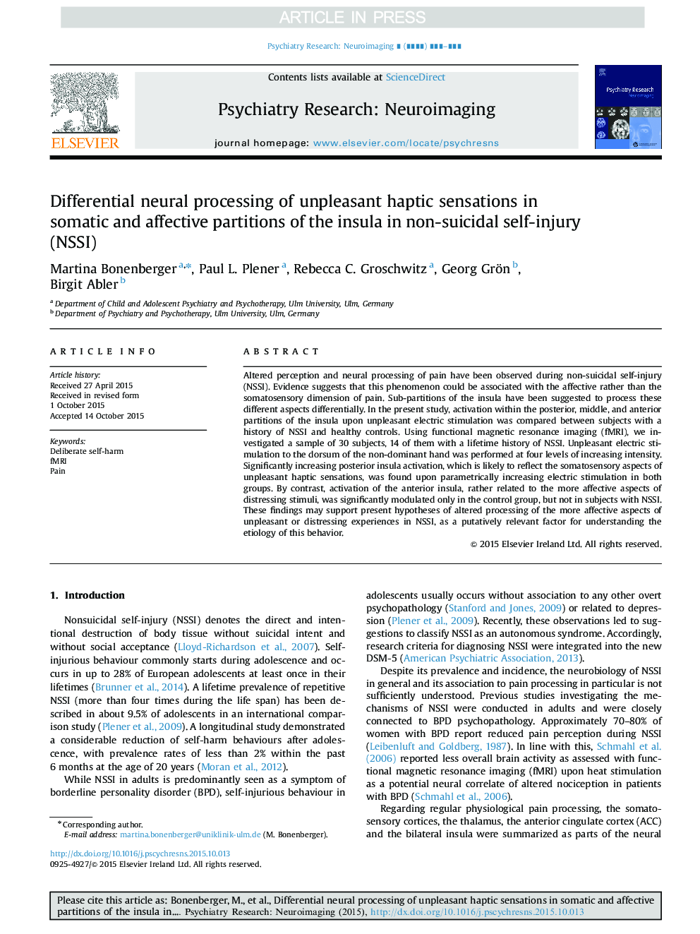 Differential neural processing of unpleasant haptic sensations in somatic and affective partitions of the insula in non-suicidal self-injury (NSSI)