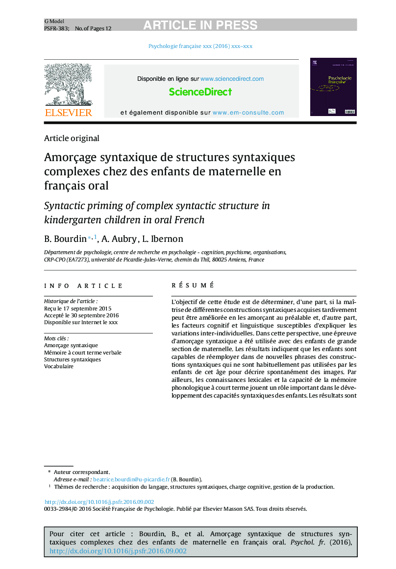 Amorçage syntaxique de structures syntaxiques complexes chez des enfants de maternelle en français oral