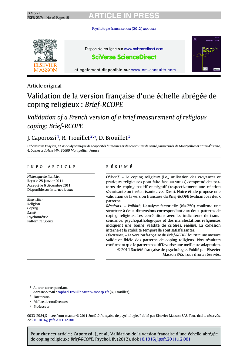 Validation de la version française d'une échelle abrégée de coping religieuxÂ : Brief-RCOPE