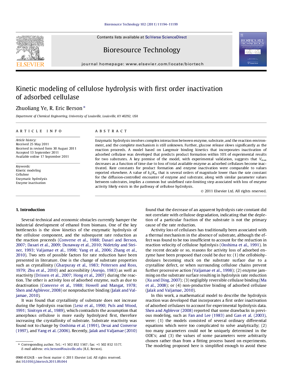 Kinetic modeling of cellulose hydrolysis with first order inactivation of adsorbed cellulase