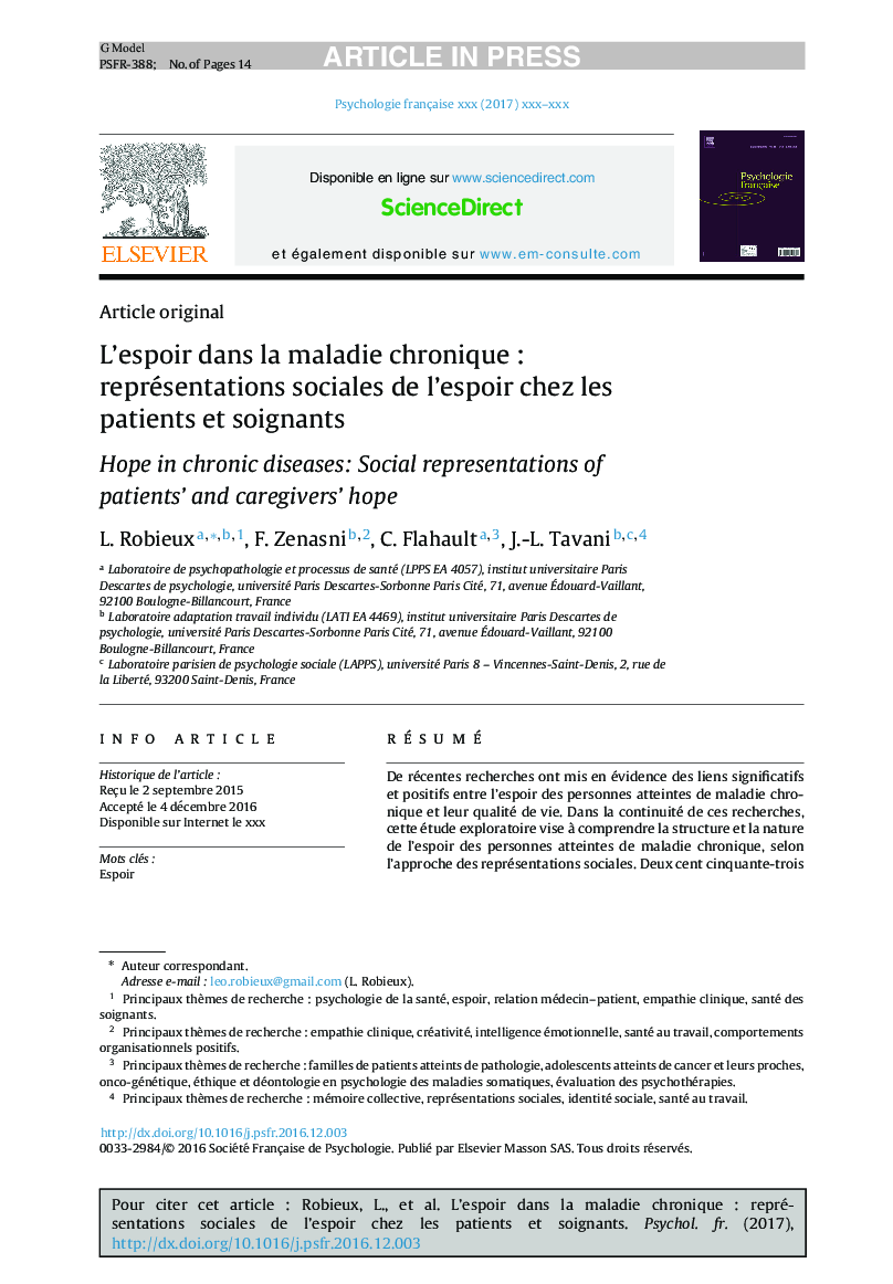 L'espoir dans la maladie chroniqueÂ : représentations sociales de l'espoir chez les patients et soignants