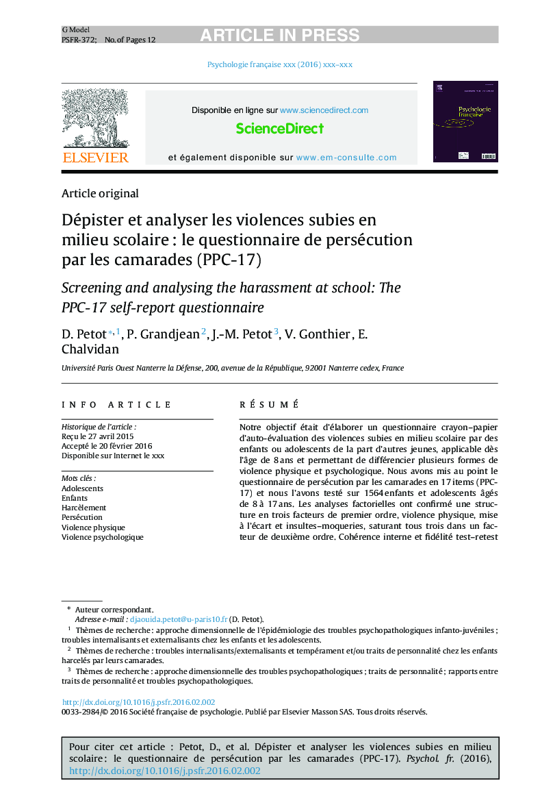 Dépister et analyser les violences subies en milieu scolaireÂ : le questionnaire de persécution par les camarades (PPC-17)