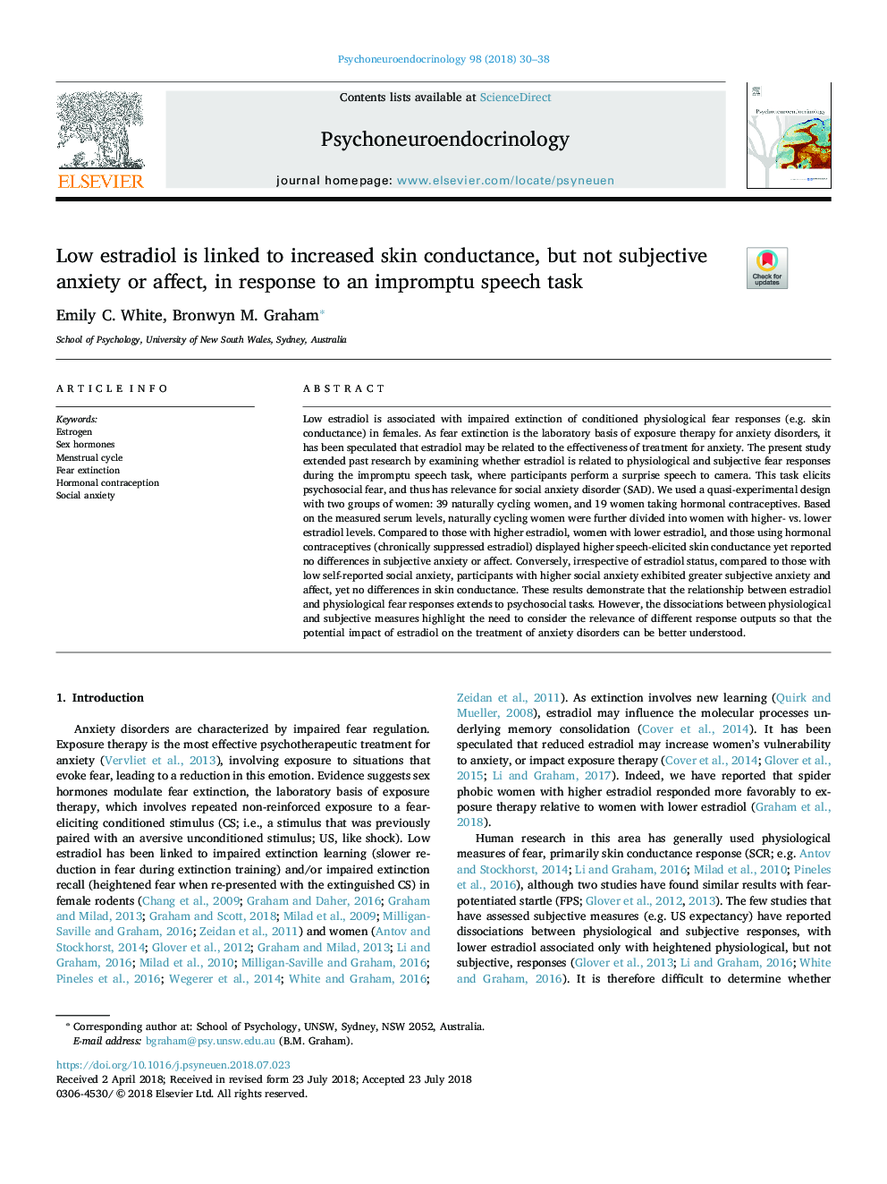 Low estradiol is linked to increased skin conductance, but not subjective anxiety or affect, in response to an impromptu speech task