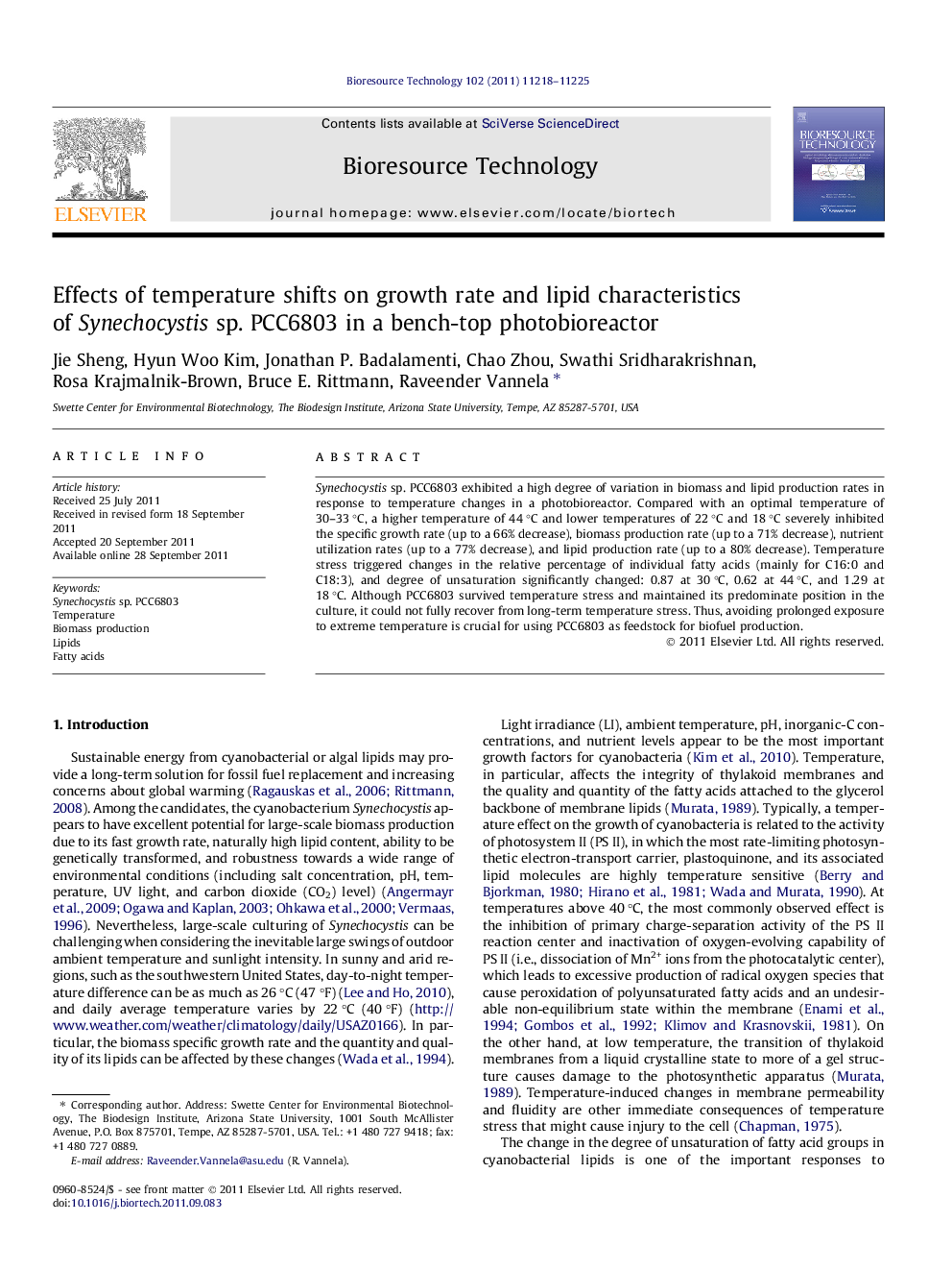 Effects of temperature shifts on growth rate and lipid characteristics of Synechocystis sp. PCC6803 in a bench-top photobioreactor