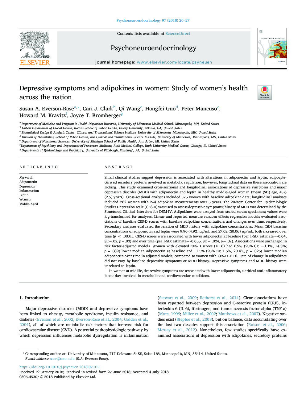 Depressive symptoms and adipokines in women: Study of women's health across the nation