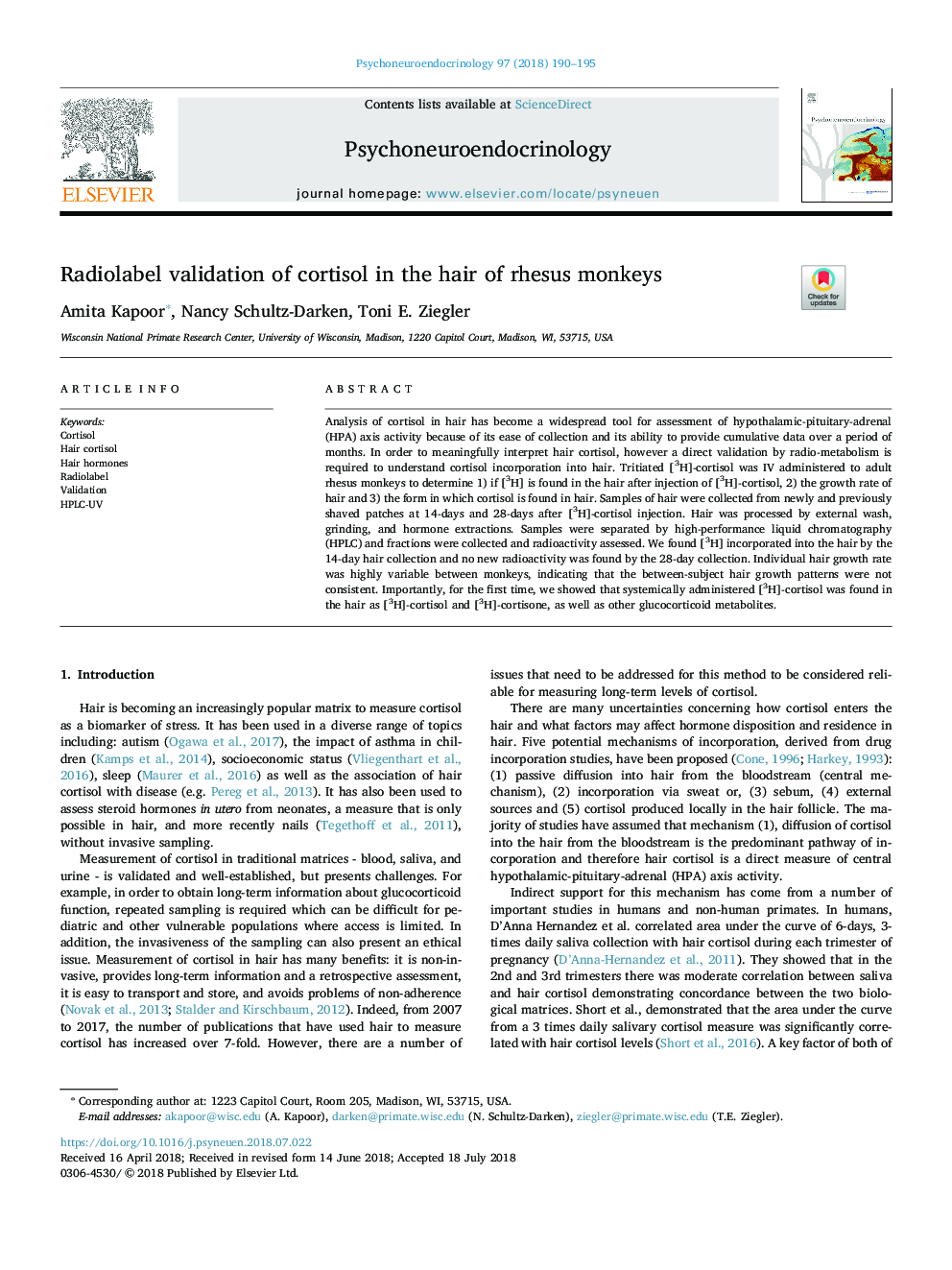 Radiolabel validation of cortisol in the hair of rhesus monkeys