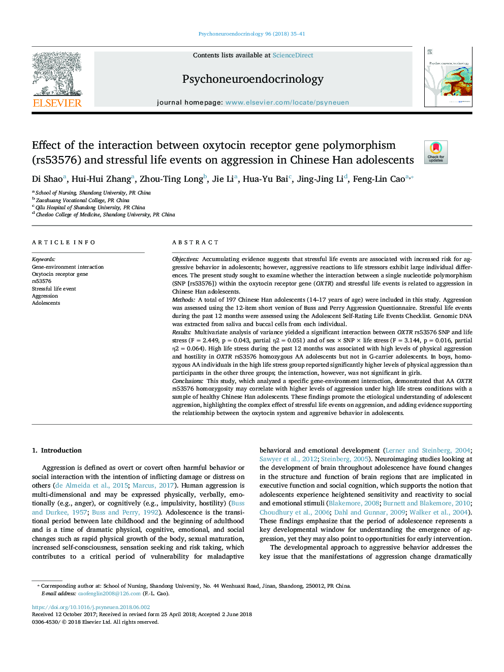 Effect of the interaction between oxytocin receptor gene polymorphism (rs53576) and stressful life events on aggression in Chinese Han adolescents