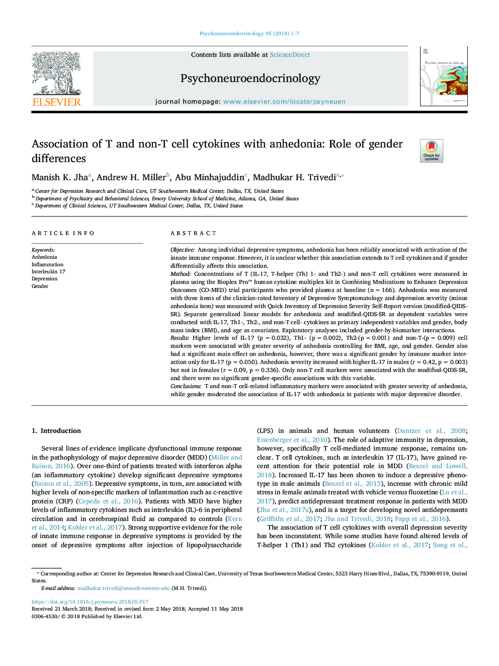 Association of T and non-T cell cytokines with anhedonia: Role of gender differences