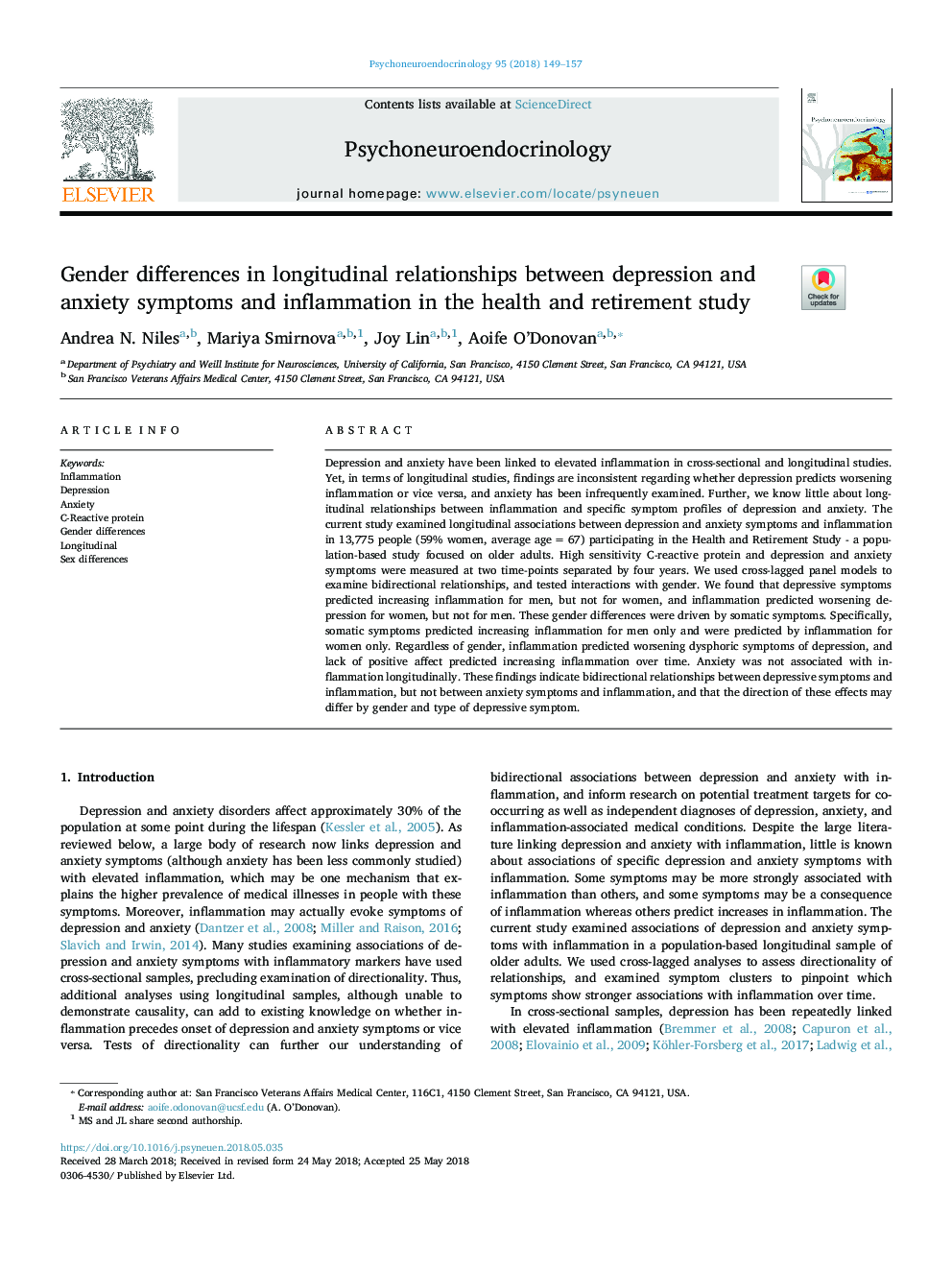 Gender differences in longitudinal relationships between depression and anxiety symptoms and inflammation in the health and retirement study