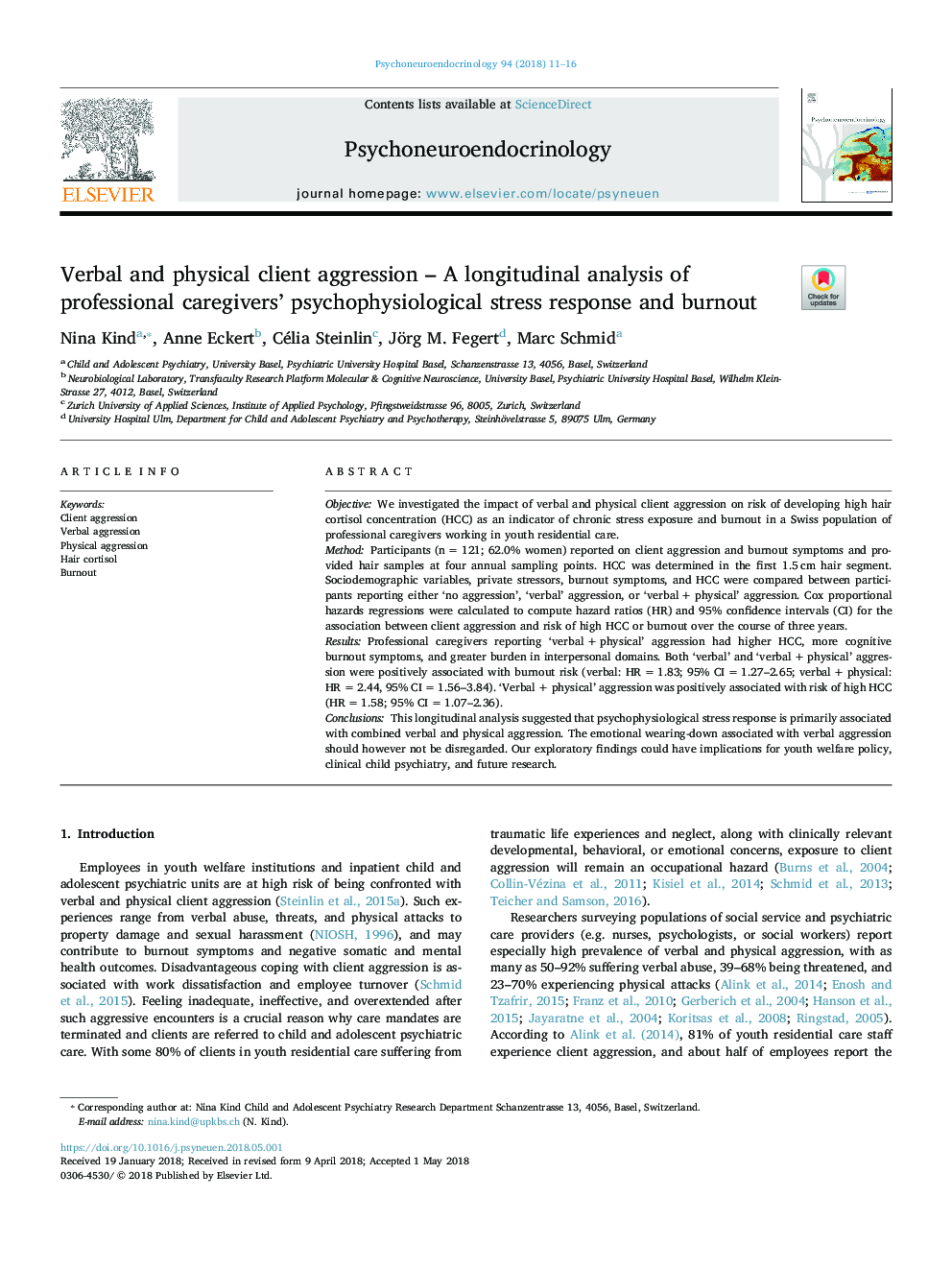 Verbal and physical client aggression - A longitudinal analysis of professional caregivers' psychophysiological stress response and burnout