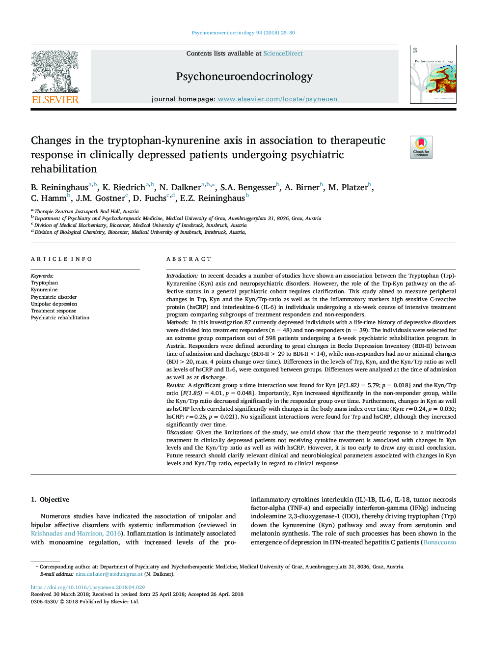 Changes in the tryptophan-kynurenine axis in association to therapeutic response in clinically depressed patients undergoing psychiatric rehabilitation