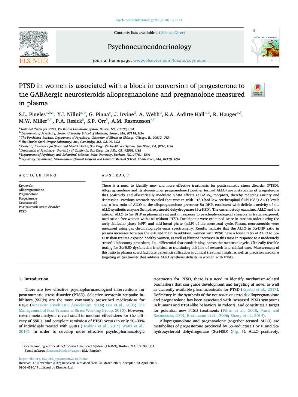 PTSD in women is associated with a block in conversion of progesterone to the GABAergic neurosteroids allopregnanolone and pregnanolone measured in plasma