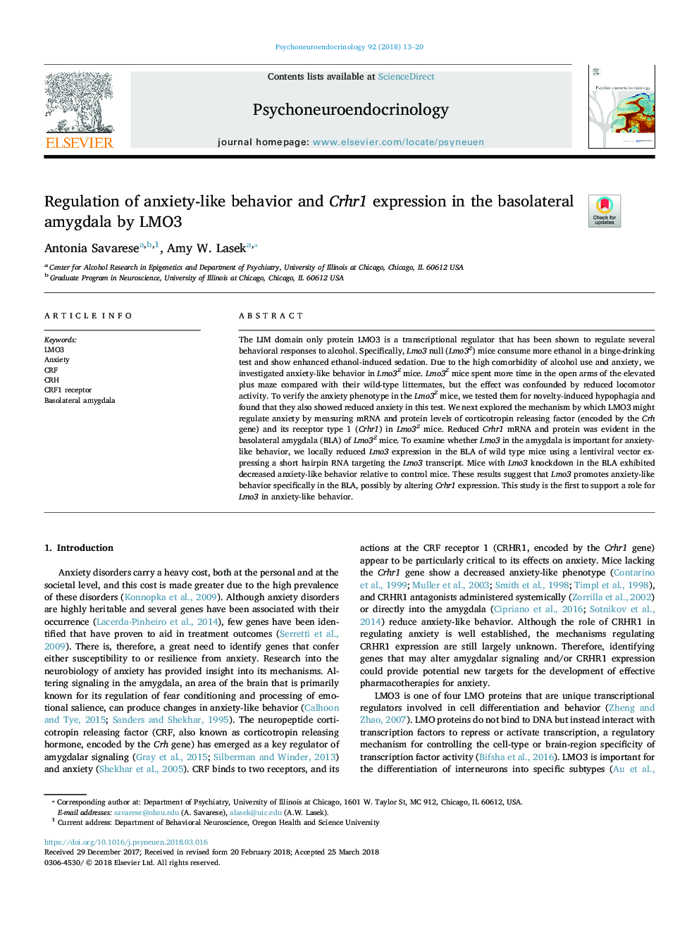 Regulation of anxiety-like behavior and Crhr1 expression in the basolateral amygdala by LMO3