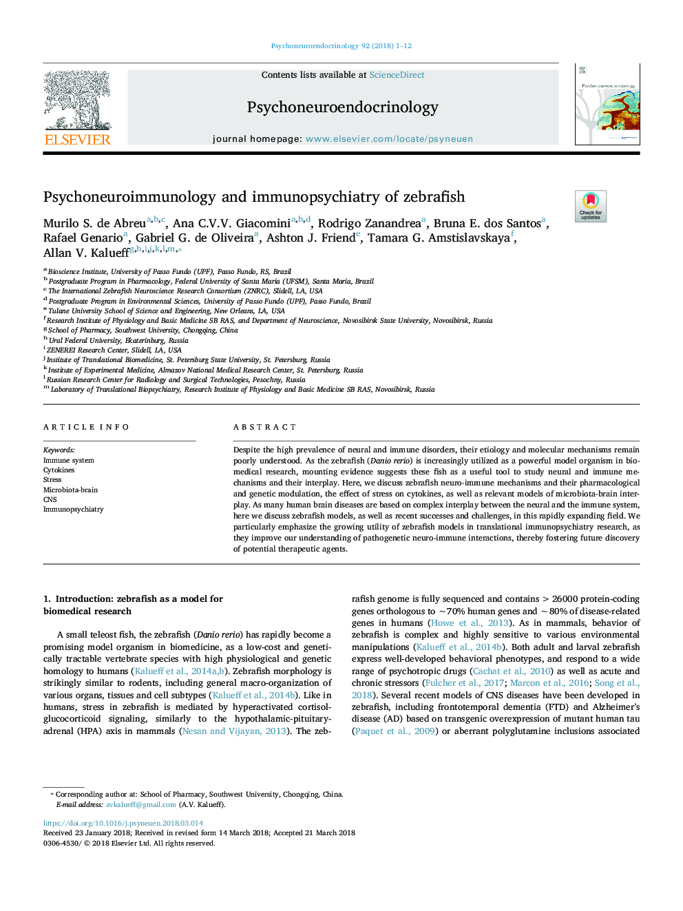 Psychoneuroimmunology and immunopsychiatry of zebrafish