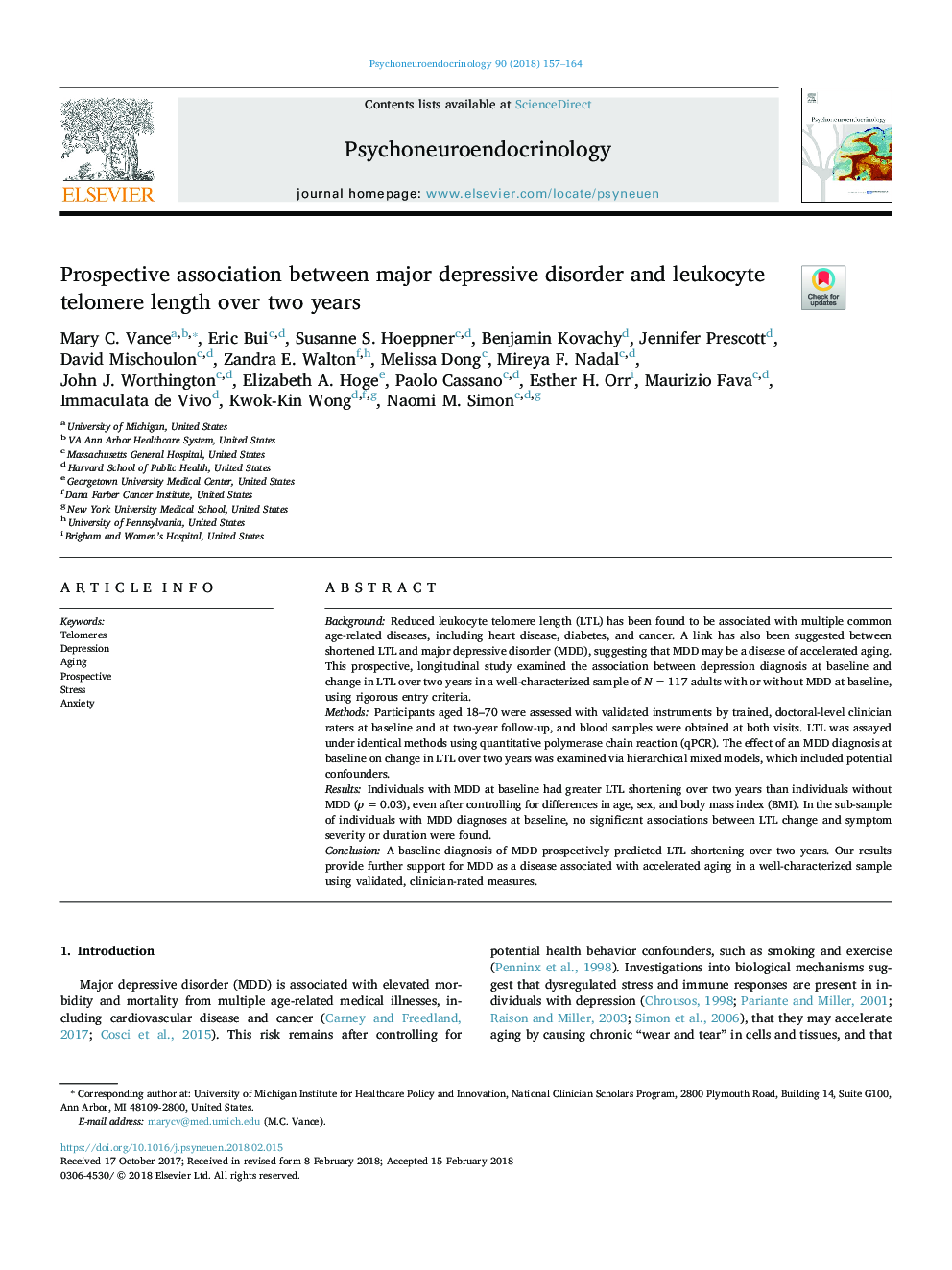 Prospective association between major depressive disorder and leukocyte telomere length over two years