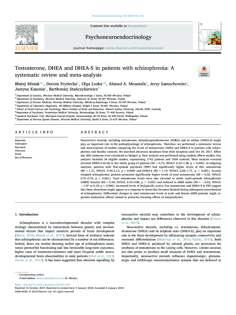 Testosterone, DHEA and DHEA-S in patients with schizophrenia: A systematic review and meta-analysis