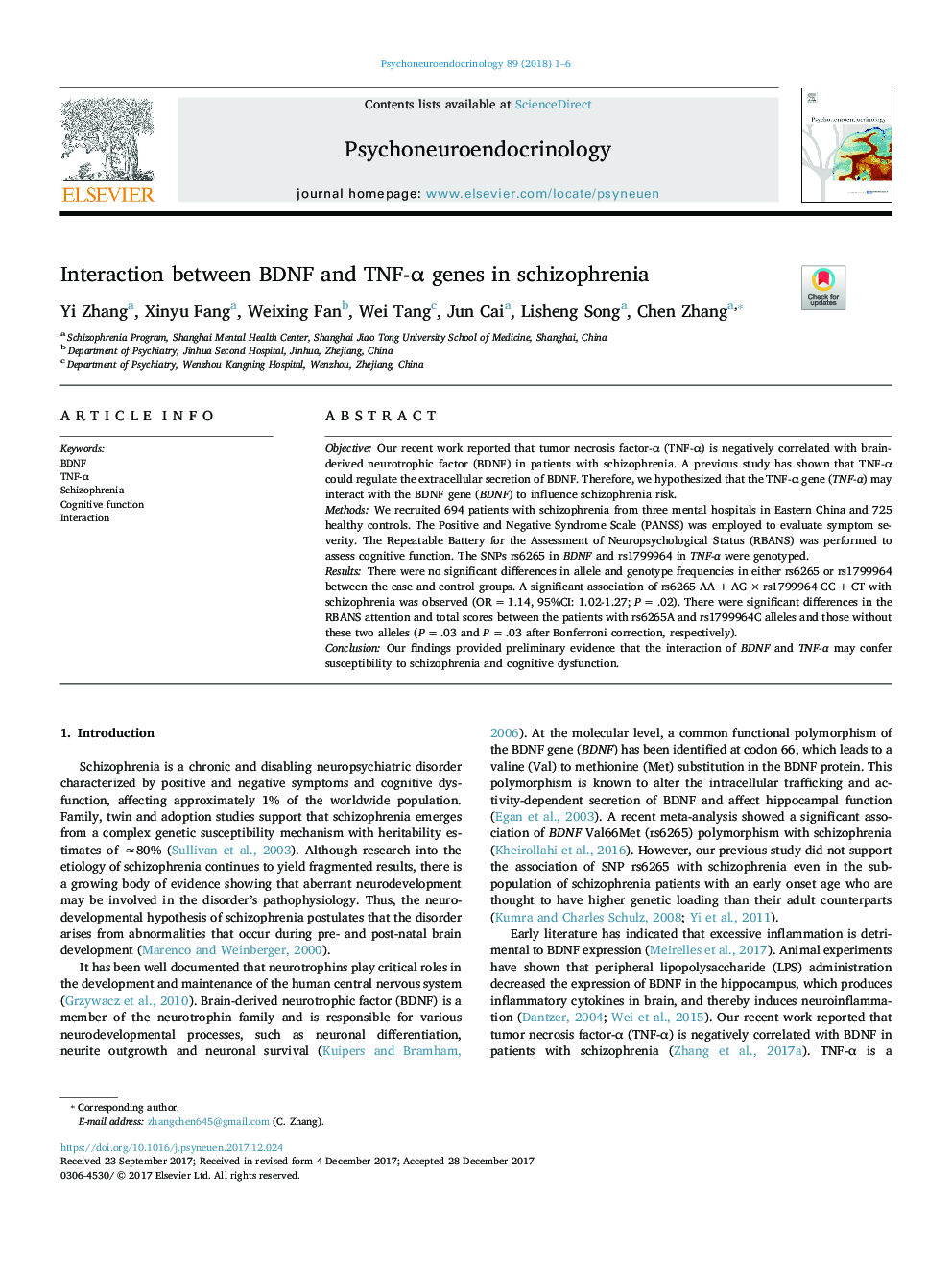 Interaction between BDNF and TNF-Î± genes in schizophrenia