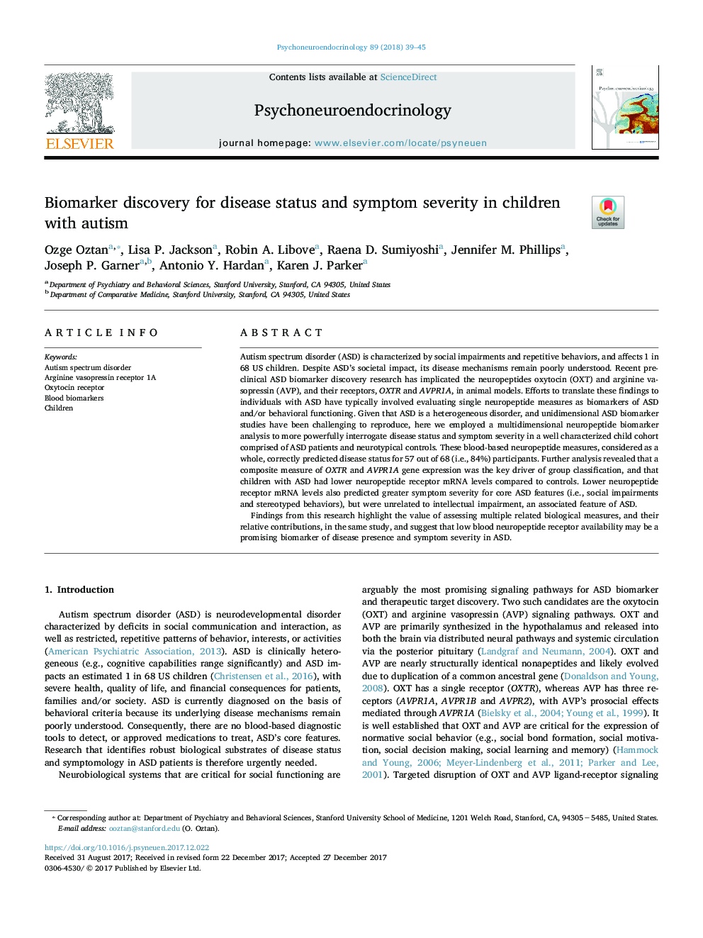 Biomarker discovery for disease status and symptom severity in children with autism