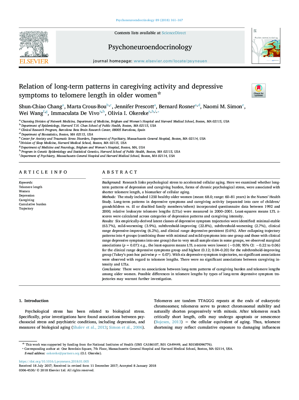 Relation of long-term patterns in caregiving activity and depressive symptoms to telomere length in older women