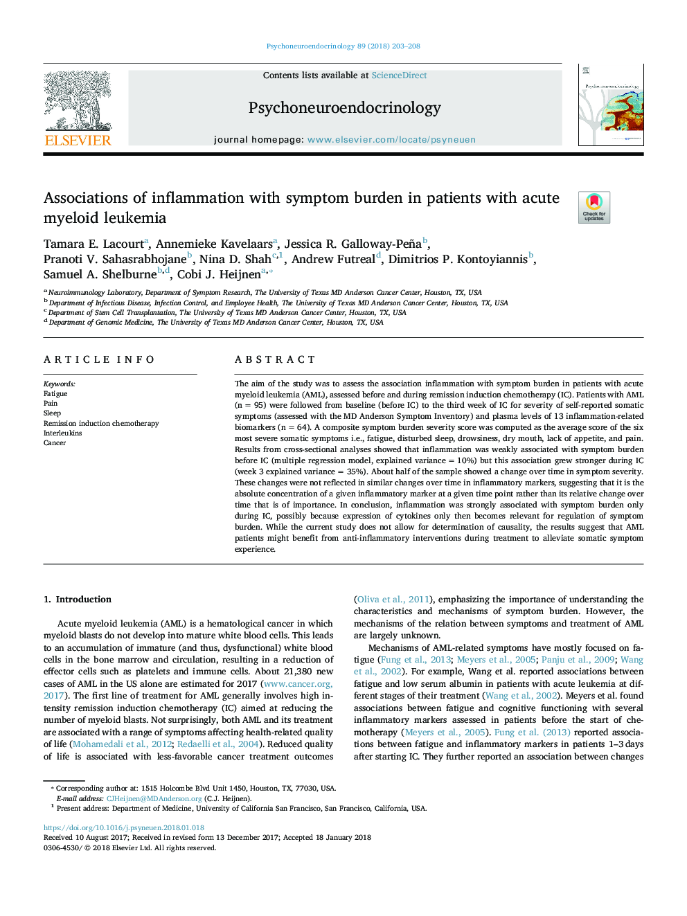 Associations of inflammation with symptom burden in patients with acute myeloid leukemia