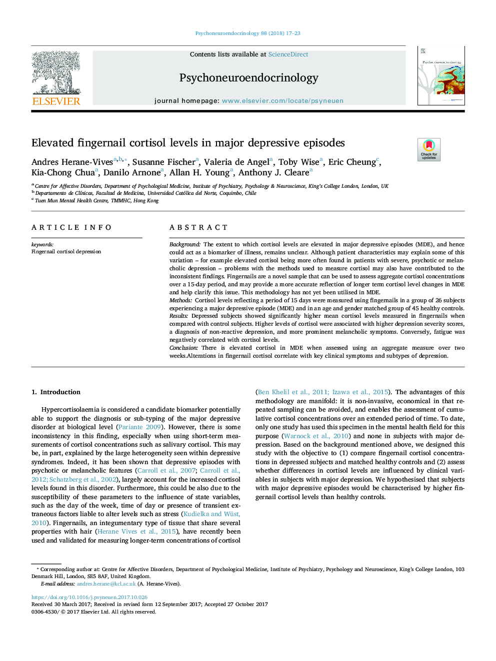 Elevated fingernail cortisol levels in major depressive episodes