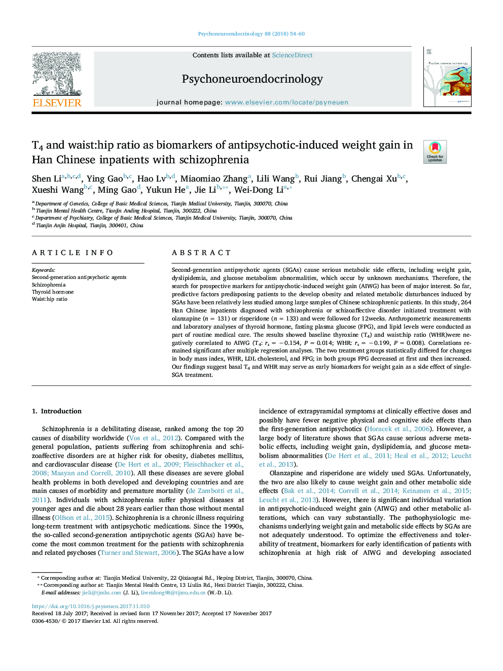 T4 and waist:hip ratio as biomarkers of antipsychotic-induced weight gain in Han Chinese inpatients with schizophrenia