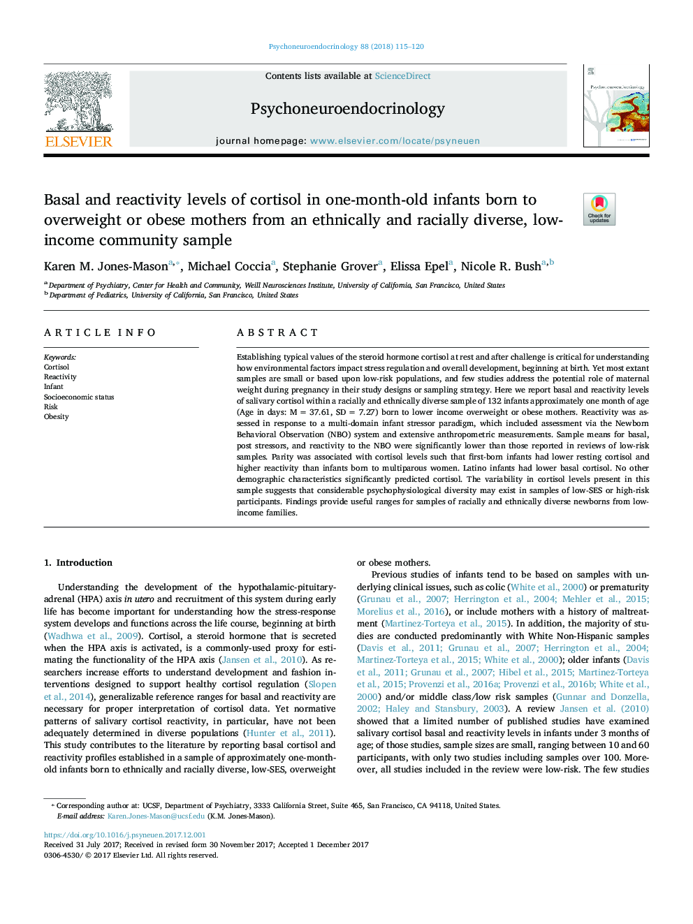 Basal and reactivity levels of cortisol in one-month-old infants born to overweight or obese mothers from an ethnically and racially diverse, low-income community sample