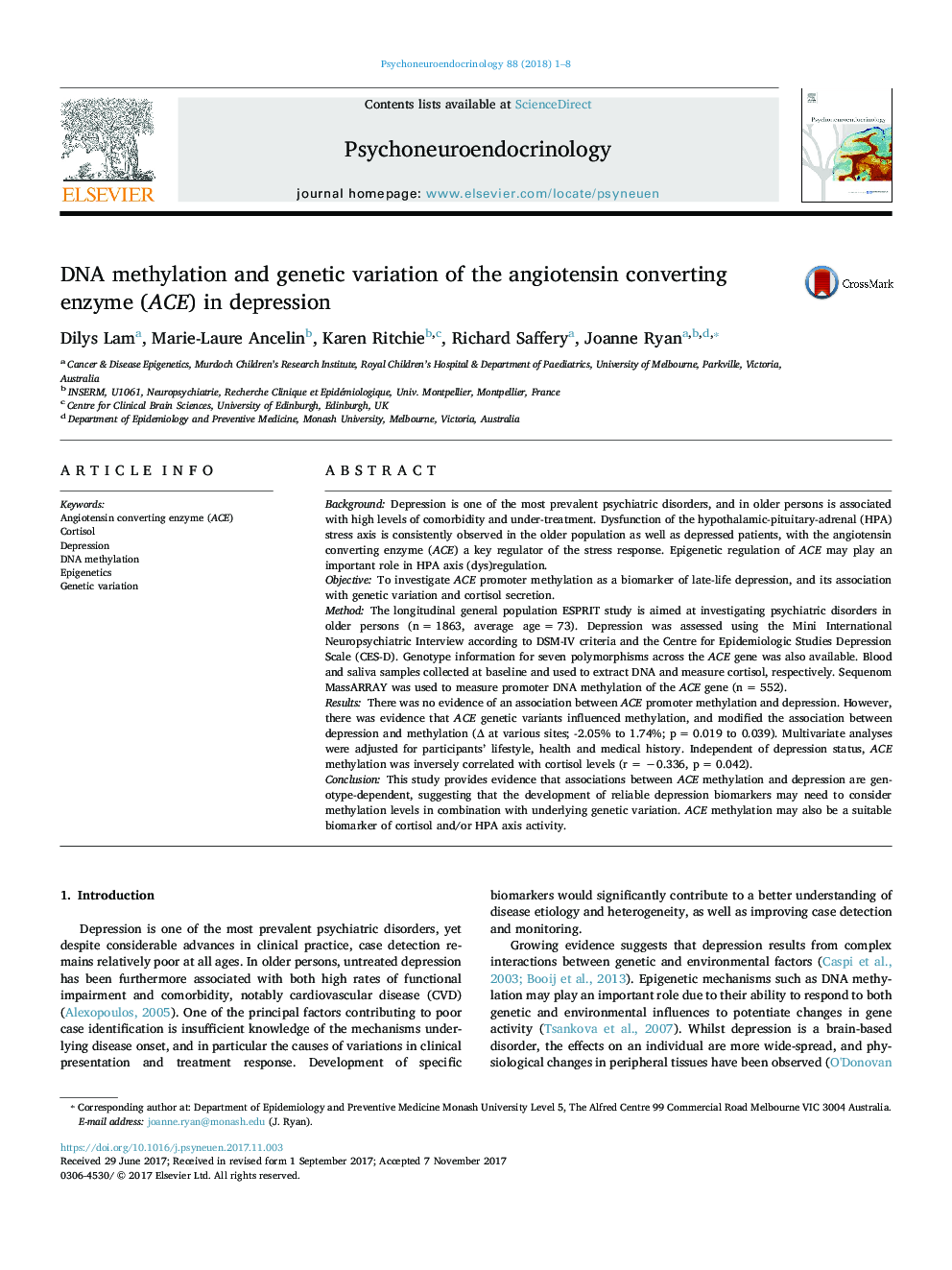 DNA methylation and genetic variation of the angiotensin converting enzyme (ACE) in depression