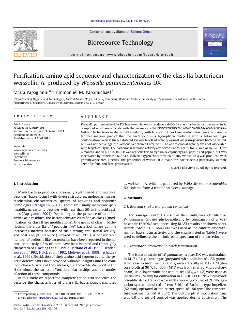 Purification, amino acid sequence and characterization of the class IIa bacteriocin weissellin A, produced by Weissella paramesenteroides DX