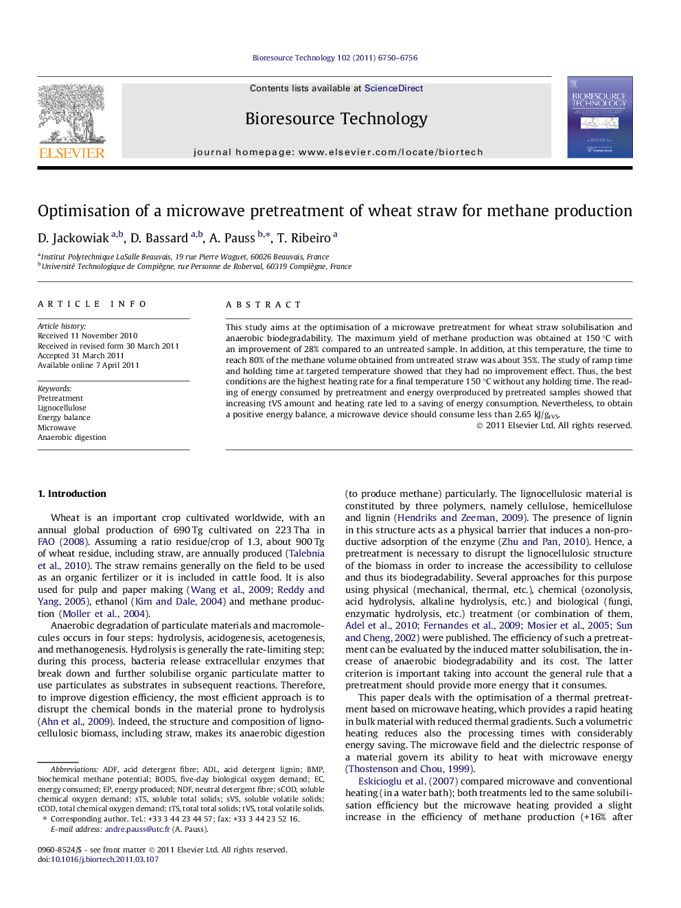 عکس صفحه اول مقاله: Optimisation of a microwave pretreatment of wheat straw for methane production Optimisation of a microwave pretreatment of wheat straw for methane production