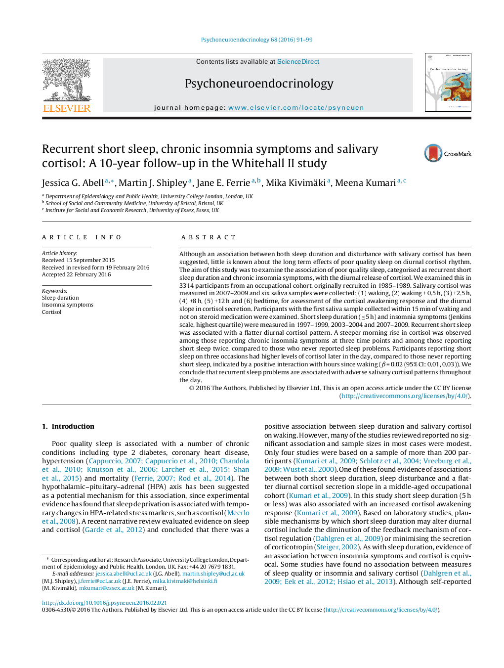 Recurrent short sleep, chronic insomnia symptoms and salivary cortisol: A 10-year follow-up in the Whitehall II study