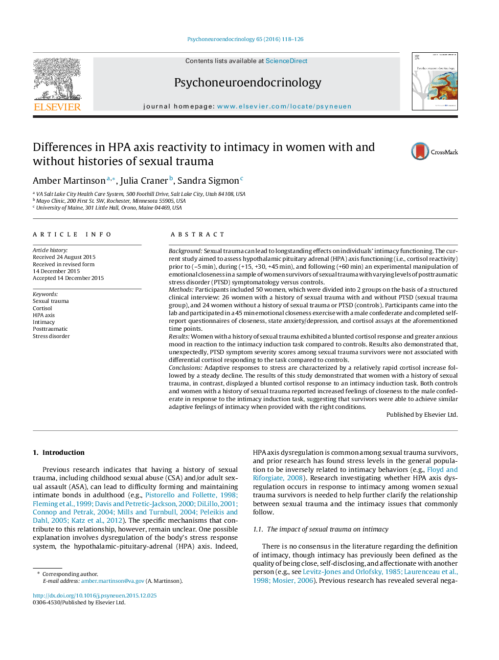 Differences in HPA axis reactivity to intimacy in women with and without histories of sexual trauma