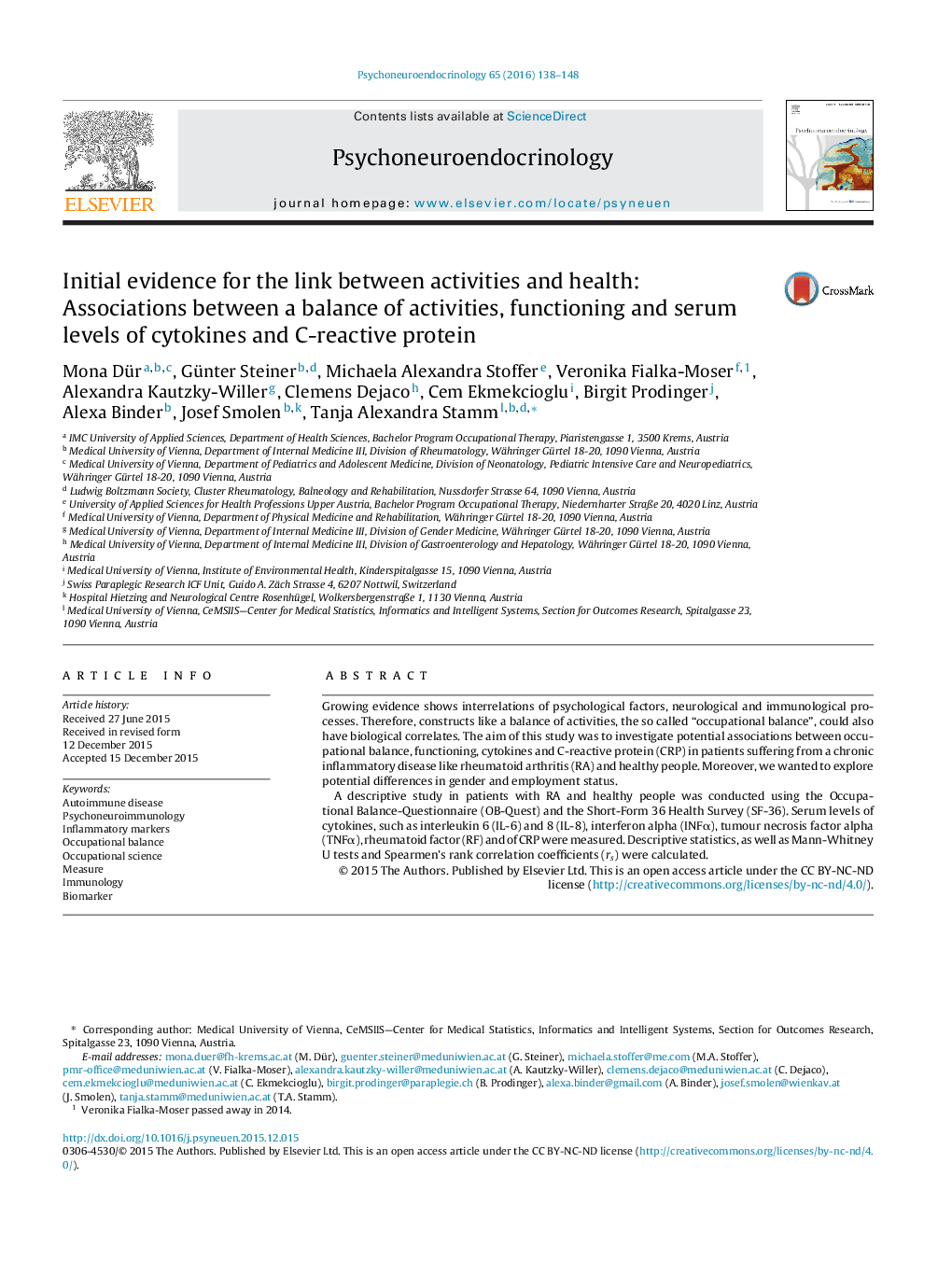 Initial evidence for the link between activities and health: Associations between a balance of activities, functioning and serum levels of cytokines and C-reactive protein